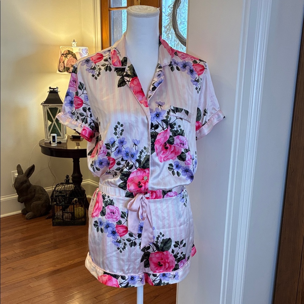 Victoria’s Secret Floral Satin Pajama Romper - Pink and Purple
